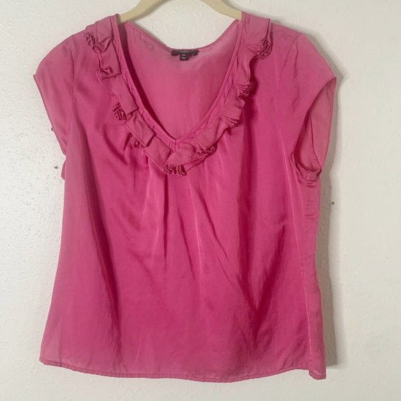 Talbots Blouse Silk Blend Ruffle Neck Size 10p Pink Cap Sleeve - Picture 1 of 11